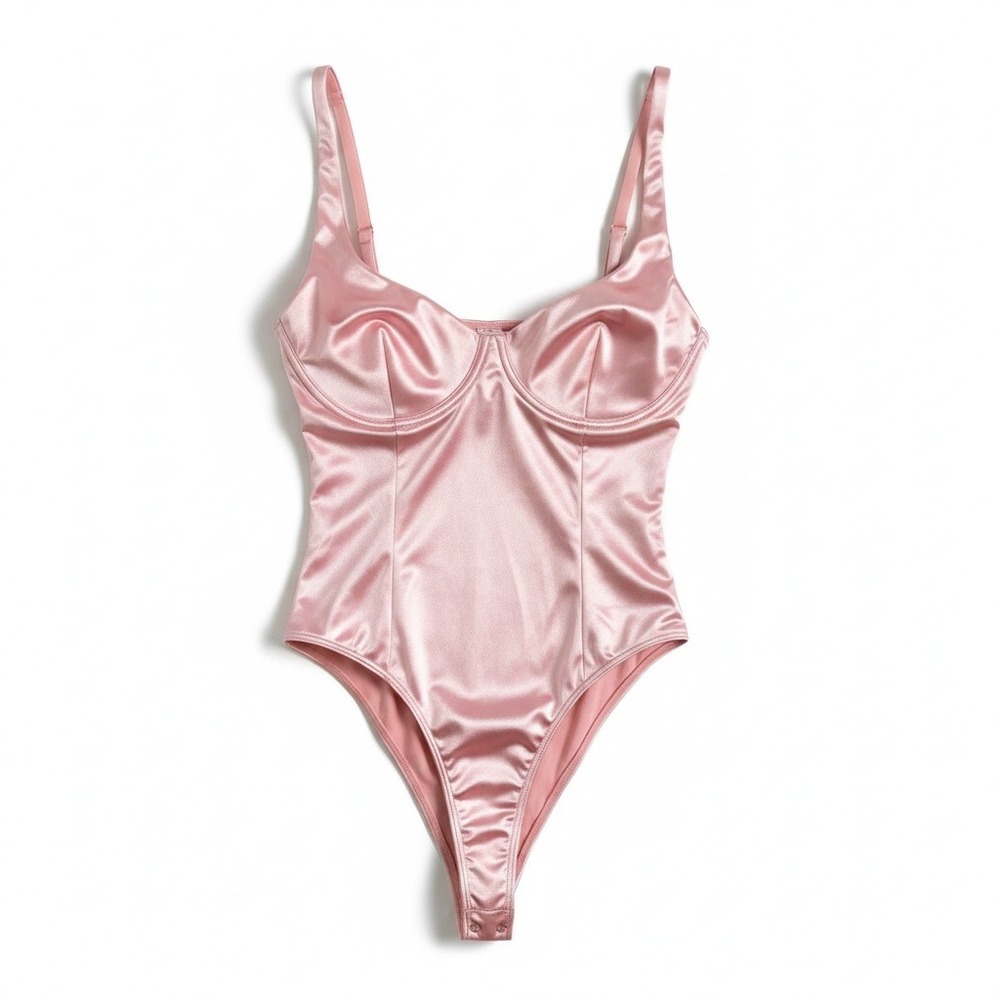 Pink Satin Underwire Bustier Bodysuit Size L Coquette Corset